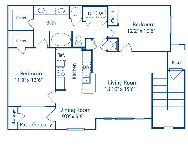 Blueprint of C2 Floor Plan, 2 Bedrooms and 1 Bathroom at Camden Sugar Grove Apartments in Stafford, TX