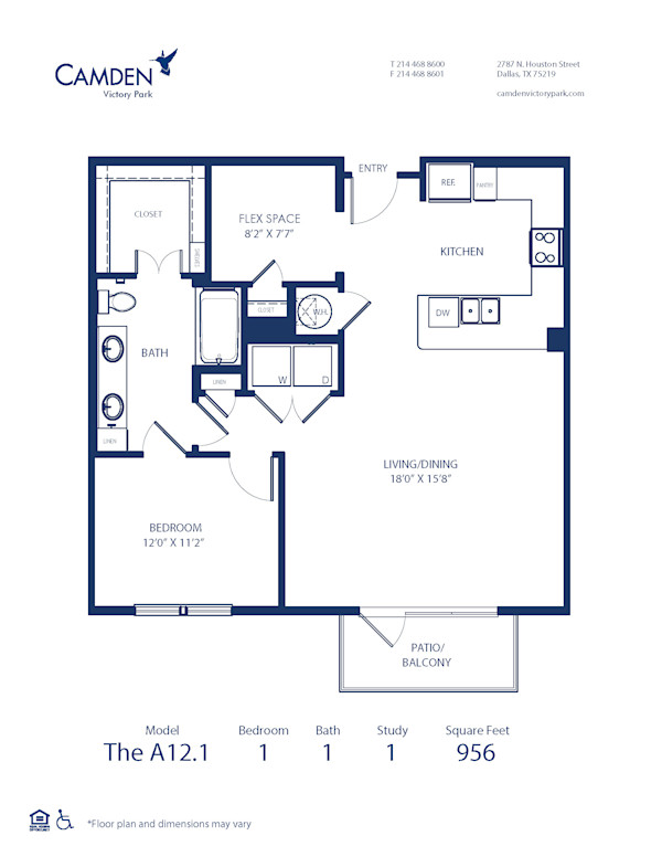 Blueprint of A12.1 Floor Plan, 1 Bedroom and 1 Bathroom at Camden Victory Park Apartments in Dallas, TX