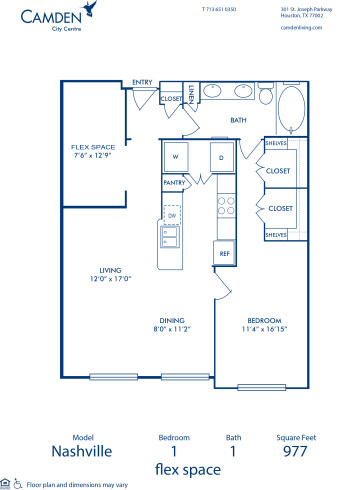 Blueprint of Nashville Floor Plan, 1 Bedroom and 1 Bathroom at Camden City Centre Apartments in Houston, TX