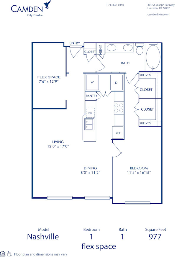 Blueprint of Nashville Floor Plan, 1 Bedroom and 1 Bathroom at Camden City Centre Apartments in Houston, TX