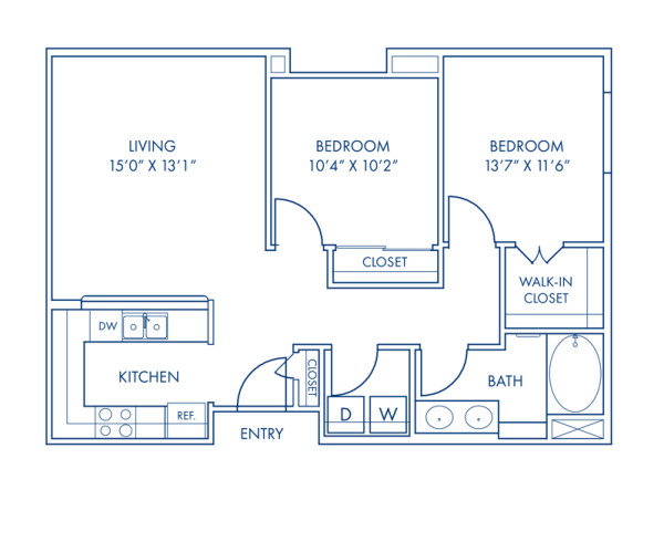 Blueprint of A4 Floor Plan, 2 Bedrooms and 1 Bathroom at Camden Tuscany Apartments in San Diego, CA