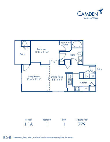 Blueprint of 1.1A Floor Plan, 1 Bedroom and 1 Bathroom at Camden Governors Village Apartments in Chapel Hill, NC