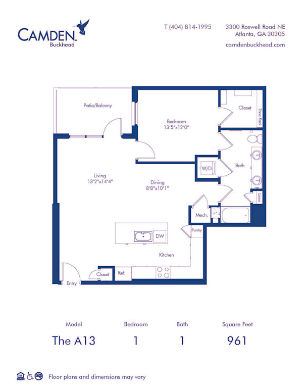 Camden Buckhead apartments Atlanta, Georgia 1 bedroom, 1 bath, floor plan A13