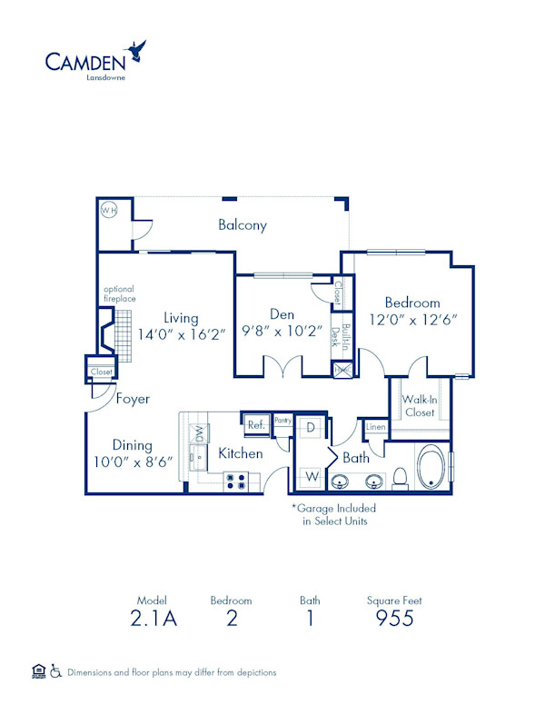 Blueprint of 2.1A Floor Plan, 2 Bedrooms and 1 Bathroom at Camden Lansdowne Apartments in Lansdowne, VA