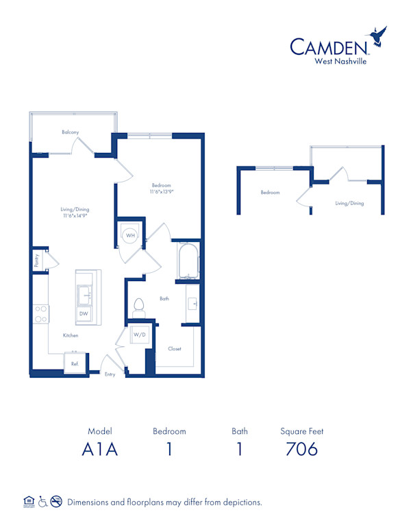 A1A floor plan, 1 bed x 1 bath, accessible apartment home at Camden West Nashville in Nashville, TN
