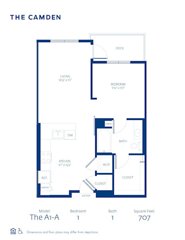 A1-A Floor Plan, Apartment Home with 1 Bedroom and 1 Bathroom at The Camden in Hollywood, CA