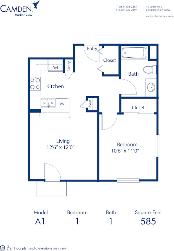 Blueprint of A1 Floor Plan, 1 Bedroom and 1 Bathroom at Camden Harbor View Apartments in Long Beach, CA