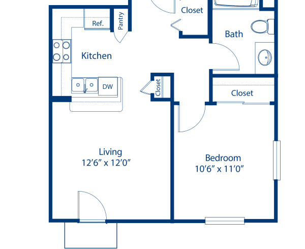 Blueprint of A1 Floor Plan, 1 Bedroom and 1 Bathroom at Camden Harbor View Apartments in Long Beach, CA