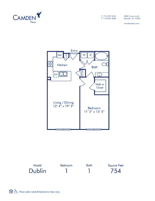 Blueprint of Dublin Floor Plan, 1 Bedroom and 1 Bathroom at Camden Plaza Apartments in Houston, TX