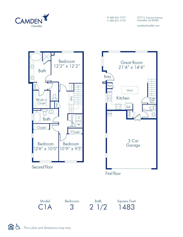 Blueprint of C1A Floor Plan, 3 Bedrooms and 2.5 Bathrooms at Camden Chandler Apartments in Chandler, AZ