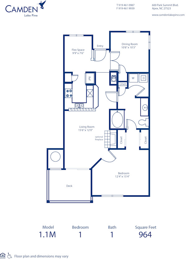Blueprint of 1.1M Floor Plan, Apartment Home with 1 Bedroom and 1 Bathroom at Camden Lake Pine in Apex, NC