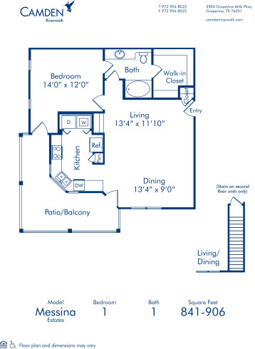 Blueprint of Messina Estates Floor Plan, 1 Bedroom and 1 Bathroom at Camden Riverwalk Apartments in Grapevine, TX