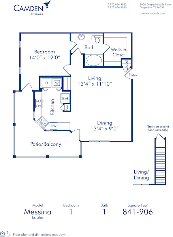 Blueprint of Messina Estates Floor Plan, 1 Bedroom and 1 Bathroom at Camden Riverwalk Apartments in Grapevine, TX