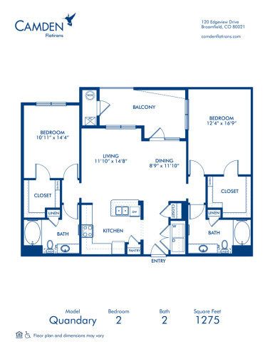 Blueprint of Quandary Floor Plan, 2 Bedrooms and 2 Bathrooms at Camden Flatirons Apartments in Broomfield, CO