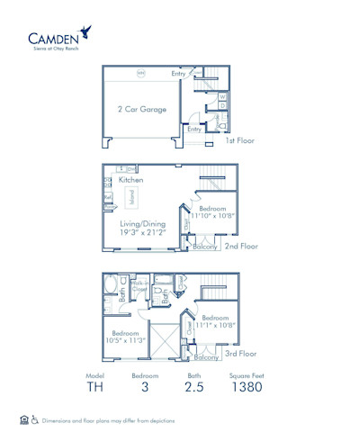 Blueprint of TH Floor Plan, 3 Bedrooms and 2.5 Bathrooms at Camden Sierra at Otay Ranch Apartments in Chula Vista, CA