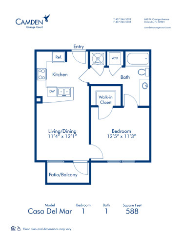 Blueprint of Casa Del Mar Floor Plan, 1 Bedroom and 1 Bathroom at Camden Orange Court Apartments in Orlando, FL