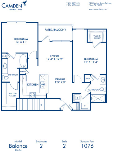 Blueprint of Balance Floor Plan, 2 Bedrooms and 2 Bathrooms at Camden Panther Creek Apartments in Frisco, TX