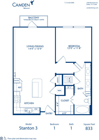 Blueprint of Stanton 3 Floor Plan, 1 Bedroom and 1 Bathroom at Camden Belmont Apartments in Dallas, TX