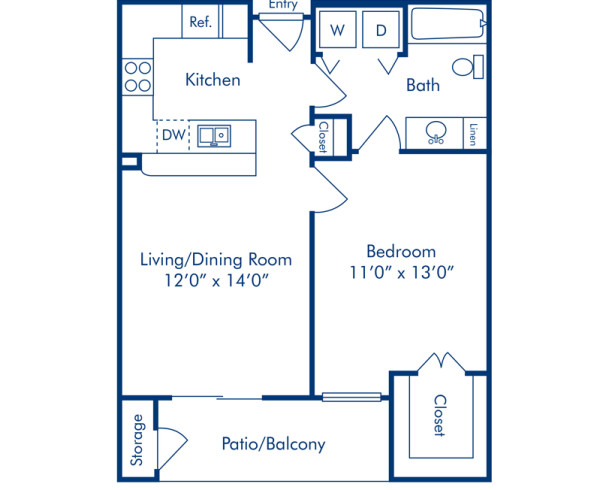 Blueprint of A Floor Plan, 1 Bedroom and 1 Bathroom at Camden Midtown Houston Apartments in Houston, TX