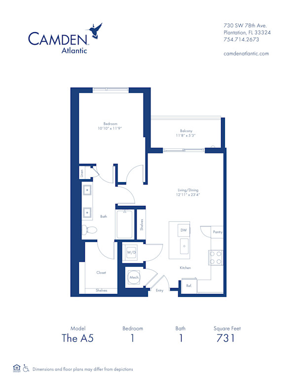 The A5 floor plan, 1 bed, 1 bath apartment home at Camden Atlantic in Plantation, FL