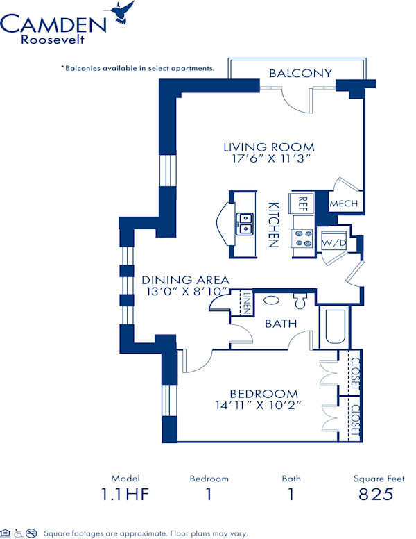 Blueprint of 1.1HF Floor Plan, 1 Bedroom and 1 Bathroom at Camden Roosevelt Apartments in Washington, DC