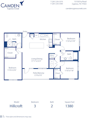 Blueprint of the Hillcroft floor plan at Camden Cypress Creek II apartments in Houston, TX