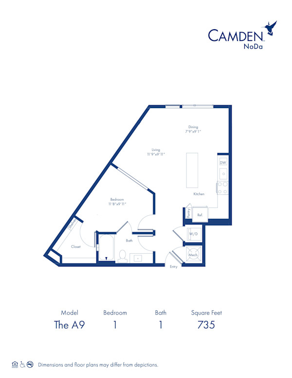 The A9 floor plan, 1 bed, 1 bath at Camden NoDa Apartments in Charlotte, NC