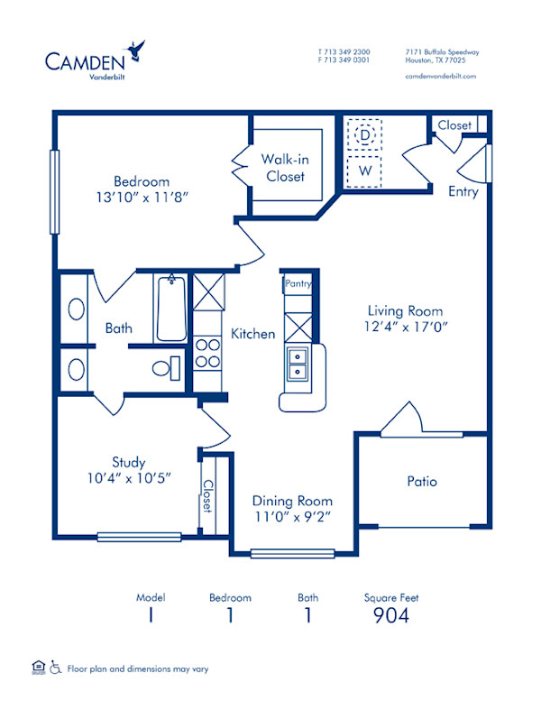 Blueprint of I Floor Plan, 1 Bedroom and 1 Bathroom at Camden Vanderbilt Apartments in Houston, TX