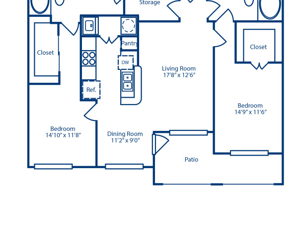 Blueprint of B2B Floor Plan, 2 Bedrooms and 2 Bathrooms at Camden Farmers Market Apartments in Dallas, TX