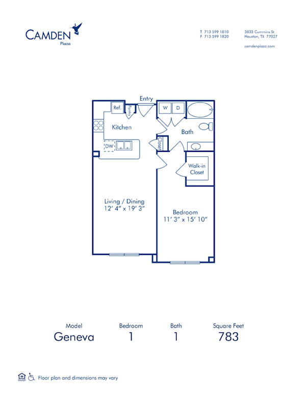 Blueprint of Geneva Floor Plan, 1 Bedroom and 1 Bathroom at Camden Plaza Apartments in Houston, TX