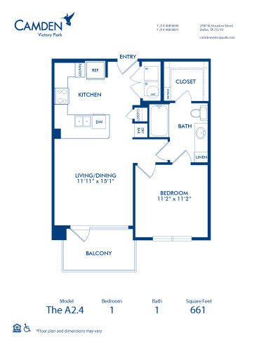 Blueprint of A2.4 Floor Plan, 1 Bedroom and 1 Bathroom at Camden Victory Park Apartments in Dallas, TX