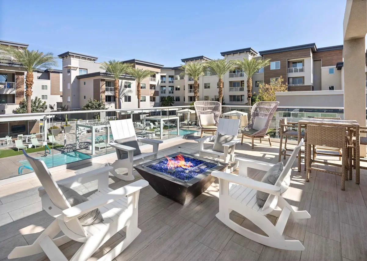 Rooftop fire pit and seating at Camden North End.