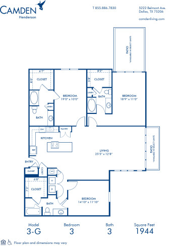 Blueprint of G Floor Plan, 3 Bedrooms and 3 Bathrooms at Camden Henderson Apartments in Dallas, TX