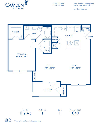 Blueprint of A5 Floor Plan, 1 Bedroom and 1 Bathroom at Camden La Frontera Apartments in Round Rock, TX
