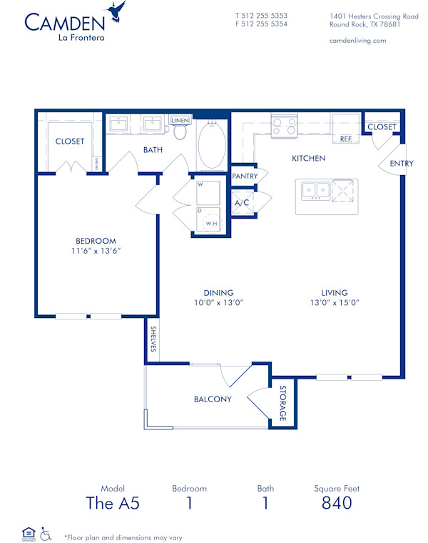 Blueprint of A5 Floor Plan, 1 Bedroom and 1 Bathroom at Camden La Frontera Apartments in Round Rock, TX