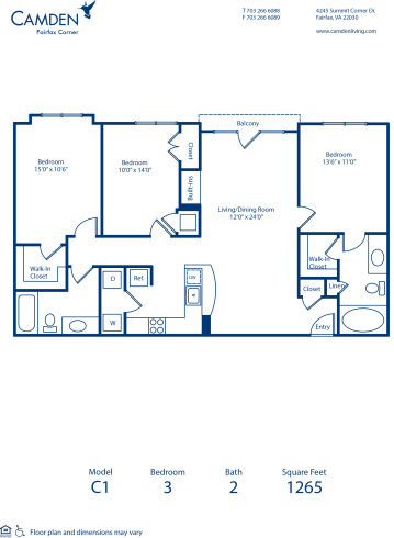 Blueprint of C1 Floor Plan, 3 Bedrooms and 2 Bathrooms at Camden Fairfax Corner Apartments in Fairfax, VA