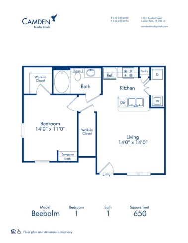 Blueprint of Beebalm Floor Plan, 1 Bedroom and 1 Bathroom at Camden Brushy Creek Apartments in Cedar Park, TX