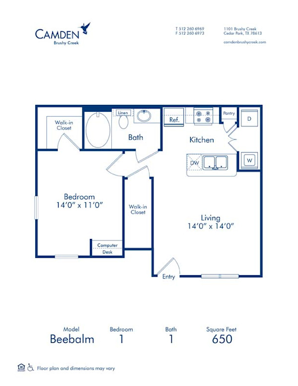 Blueprint of Beebalm Floor Plan, 1 Bedroom and 1 Bathroom at Camden Brushy Creek Apartments in Cedar Park, TX