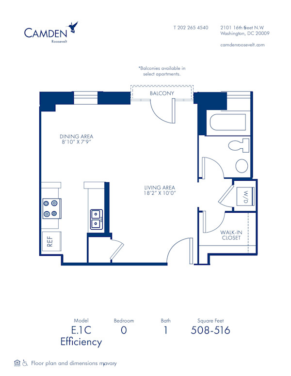 Blueprint of E.1C Floor Plan, Studio with 1 Bathroom at Camden Roosevelt Apartments in Washington, DC