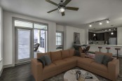 Living room with hardwood style floors