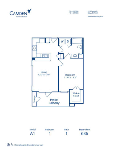 Blueprint of A1 Floor Plan, 1 Bedroom and 1 Bathroom at Camden Farmers Market Apartments in Dallas, TX