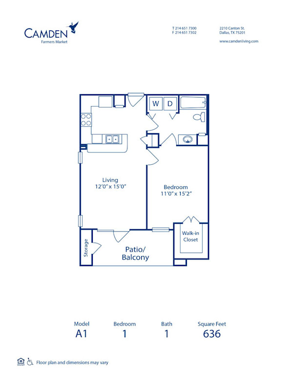 Blueprint of A1 Floor Plan, 1 Bedroom and 1 Bathroom at Camden Farmers Market Apartments in Dallas, TX