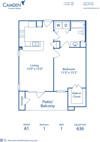 Blueprint of A1 Floor Plan, 1 Bedroom and 1 Bathroom at Camden Farmers Market Apartments in Dallas, TX