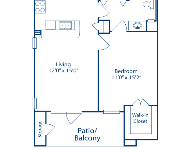 Blueprint of A1 Floor Plan, 1 Bedroom and 1 Bathroom at Camden Farmers Market Apartments in Dallas, TX