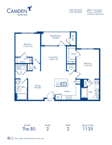 Blueprint of B5 Floor Plan, Apartment Home with 2 Bedrooms and 2 Bathrooms at Camden North End in Phoenix, AZ