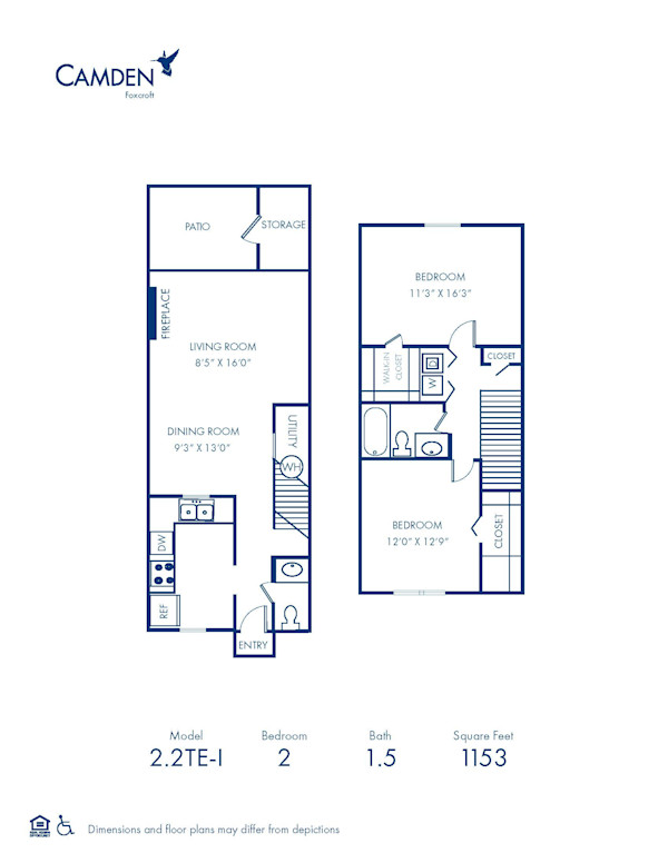 Blueprint of 2.2TE Floor Plan, Apartment Home with 2 Bedrooms and 1.5 Bathrooms at Camden Foxcroft in Charlotte, NC