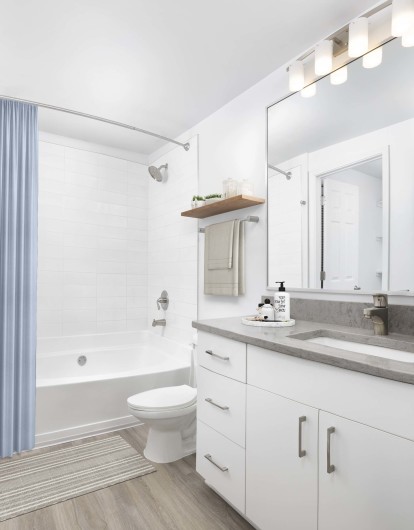 Renovated modern bathroom with gray quartz countertops and bathtub at Camden Dunwoody in Atlanta GA