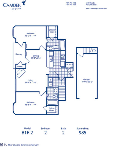 Blueprint of B1R.2 Floor Plan, 2 Bedrooms and 2 Bathrooms at Camden Legacy Creek Apartments in Plano, TX
