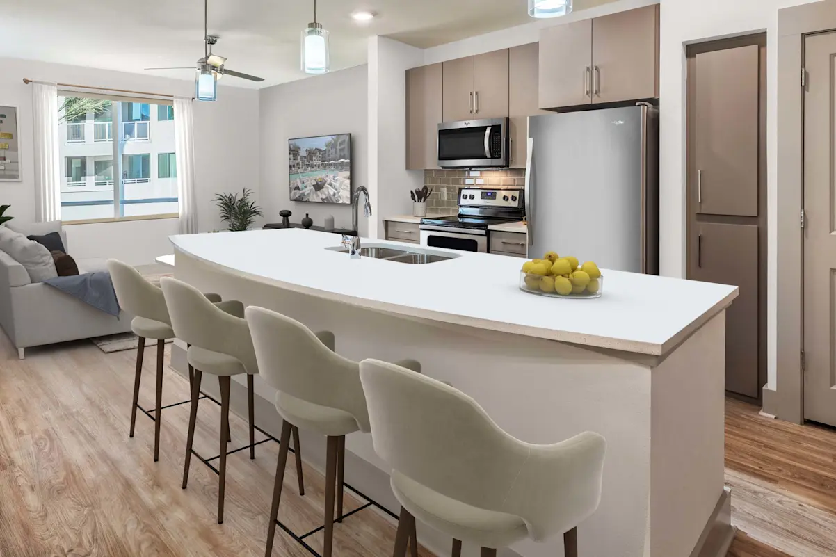 Furnished kitchen and island at Camden North End.