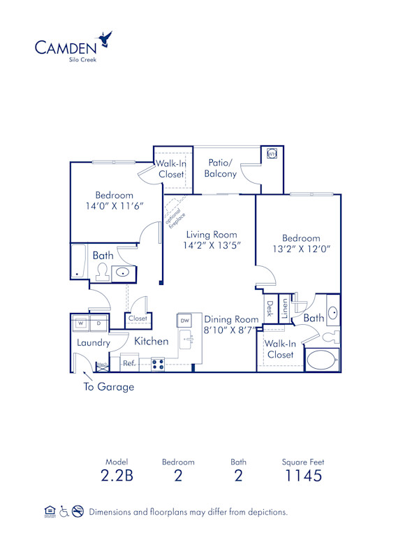 Blueprint of 2.2B Floor Plan, 2 Bedrooms and 2 Bathrooms at Camden Silo Creek Apartments in Ashburn, VA